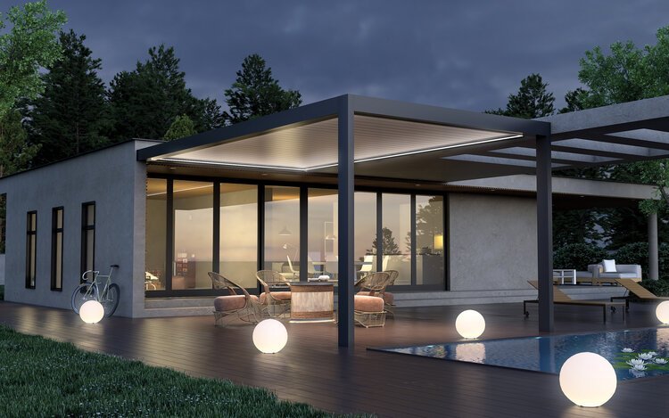 Modern louvered pergola at night